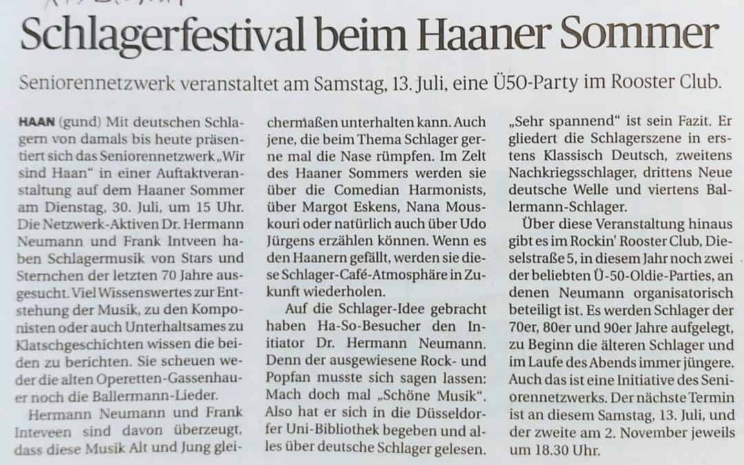 Schlagerfestival beim Haaner Sommer am 16.07., ab 15 Uhr